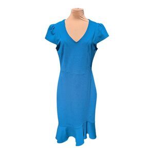 Betsey Johnson Blue Scuba Crepe Ruffle Hem Sheath Dress Cap Sleeve V-Neck Sz 10